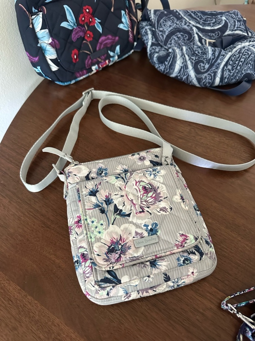 Vera Bradley Floral Crossbody in Light Gray with Pink & Blue Flowers